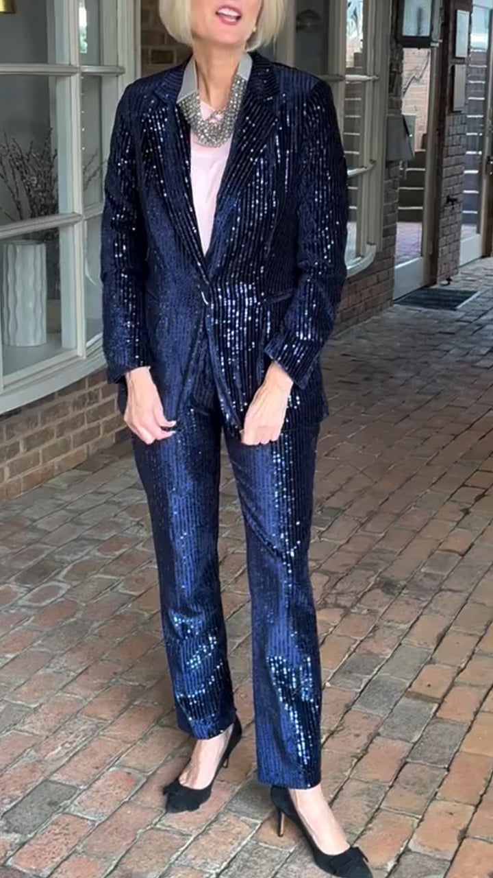 Lapel Sequined Jacket + Pants Commuter Temperament Suit