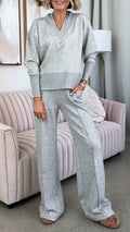 V-neck Patchwork Top + Pants Suit