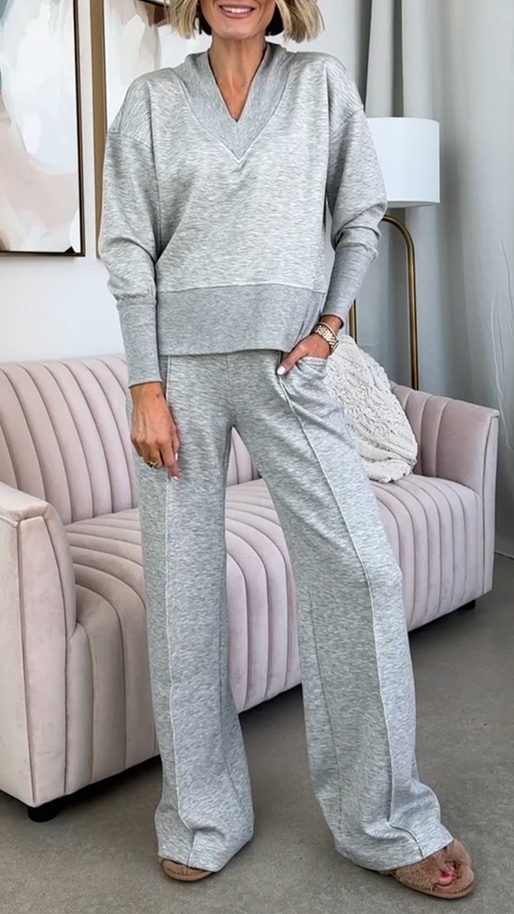 V-neck Patchwork Top + Pants Suit