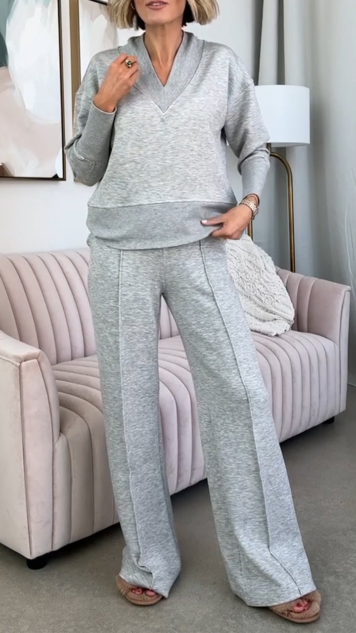 V-neck Patchwork Top + Pants Suit