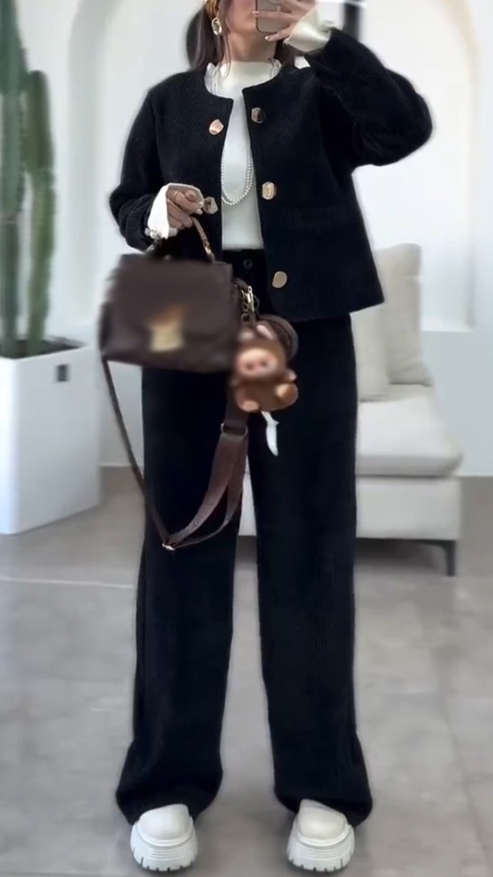 Round-neck Button-down Jacket + Pants Suit