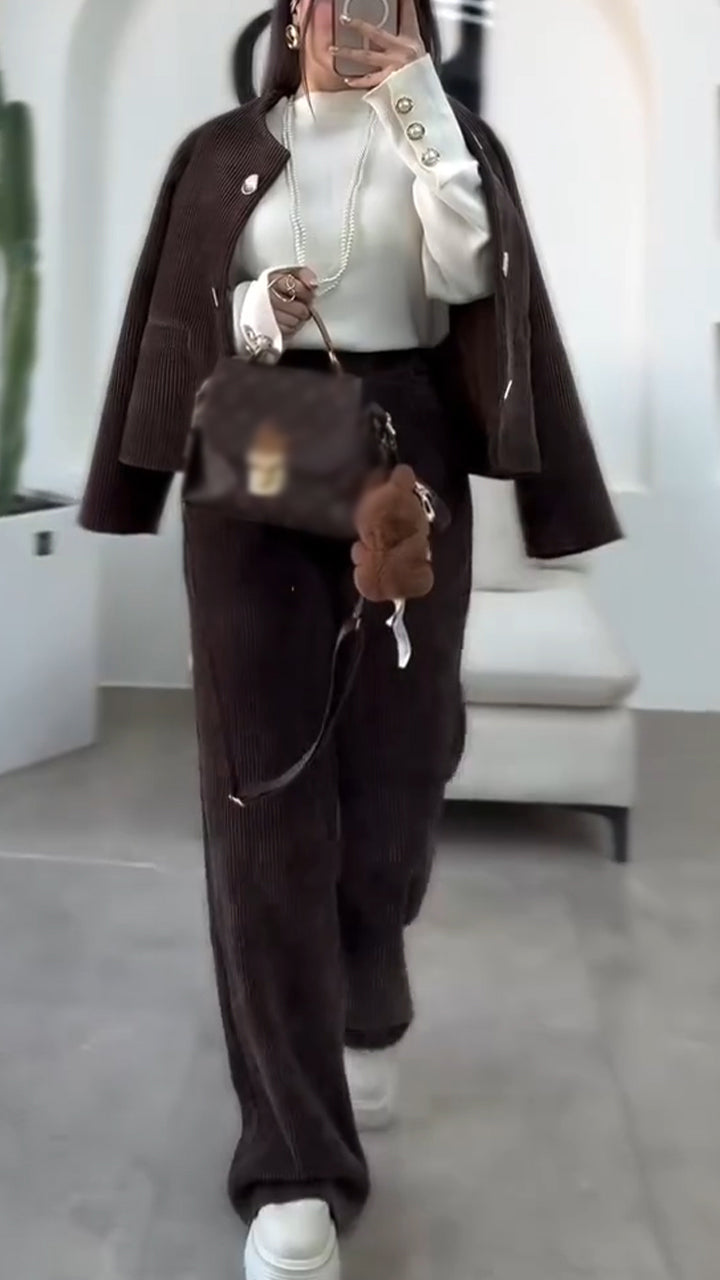 Round-neck Button-down Jacket + Pants Suit