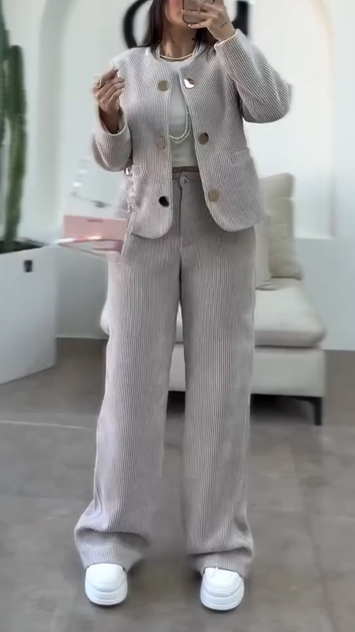 Round-neck Button-down Jacket + Pants Suit