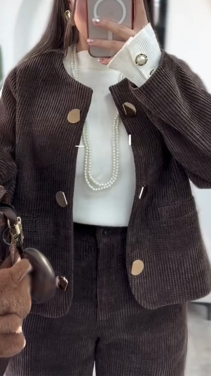 Round-neck Button-down Jacket + Pants Suit