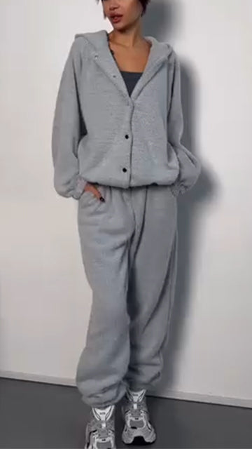 Button-down Hooded Jacket + Pants Suit