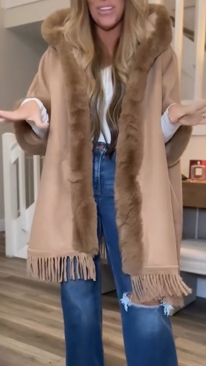 Fur Collar Hooded Tassel Coat