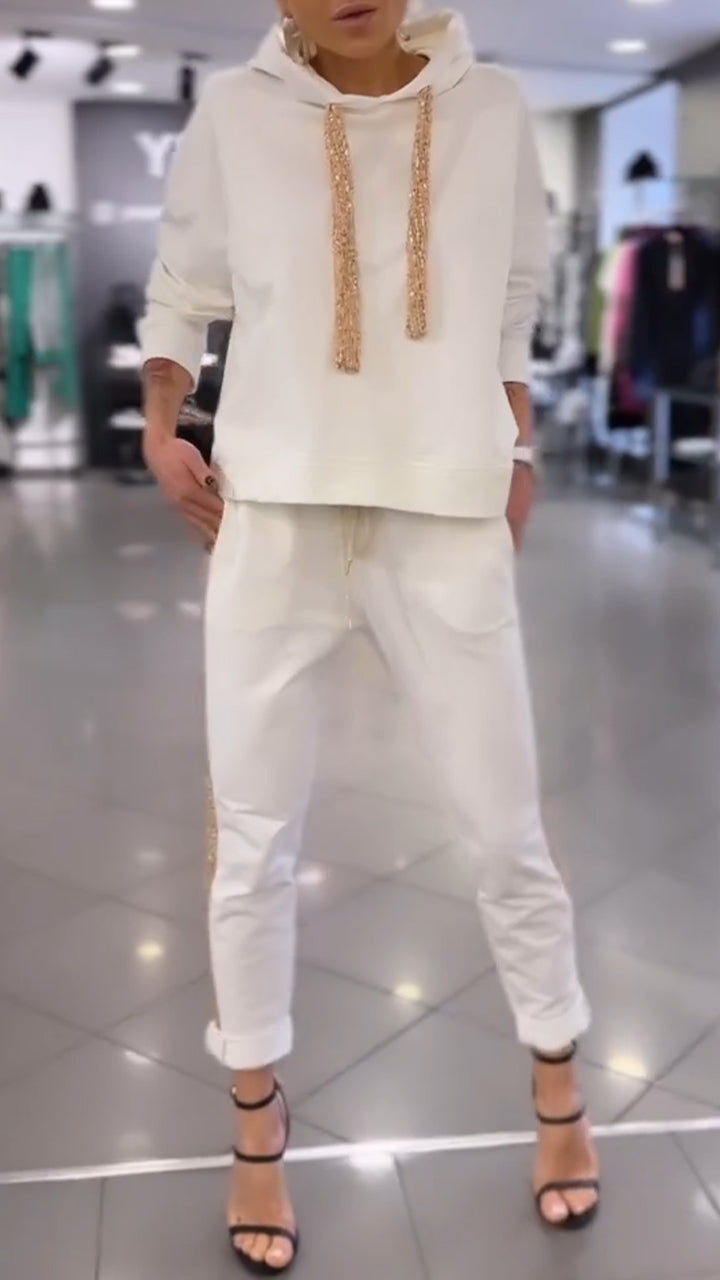 Hooded Drawstring Sweatshirt + Pants Suit