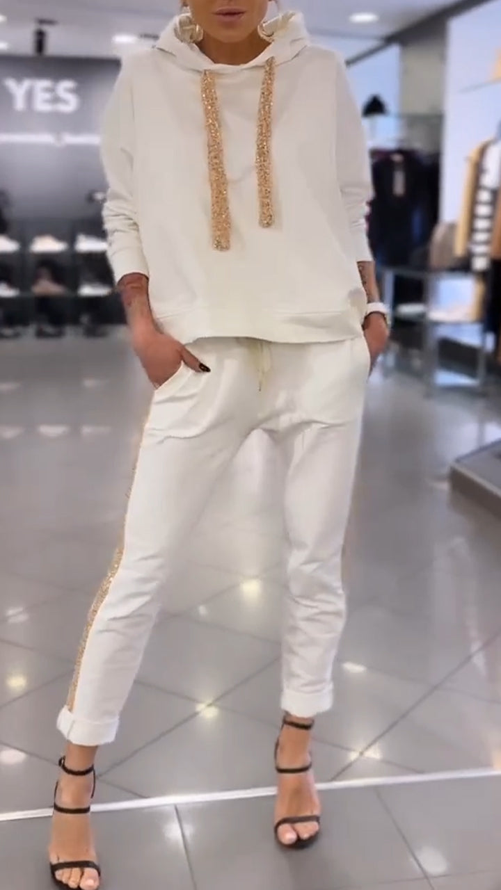 Hooded Drawstring Sweatshirt + Pants Suit