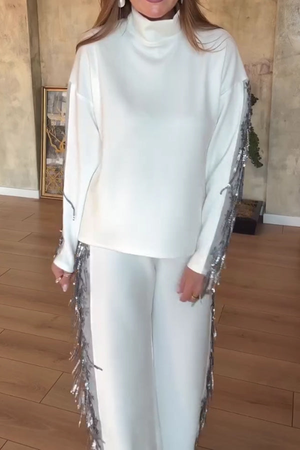 High Neck Long Sleeve Sequined Tassel Splicing Top + Pants Suit