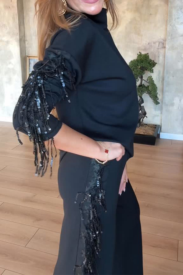 High Neck Long Sleeve Sequined Tassel Splicing Top + Pants Suit