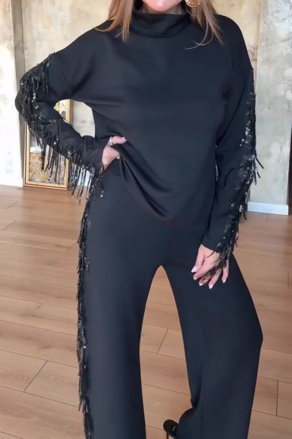 High Neck Long Sleeve Sequined Tassel Splicing Top + Pants Suit