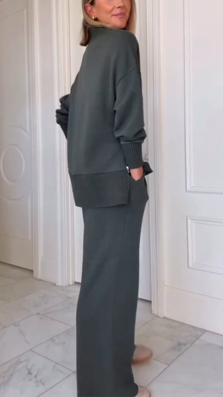 High-neck Stitching Knitted Side Zipper Top + Pants Suit
