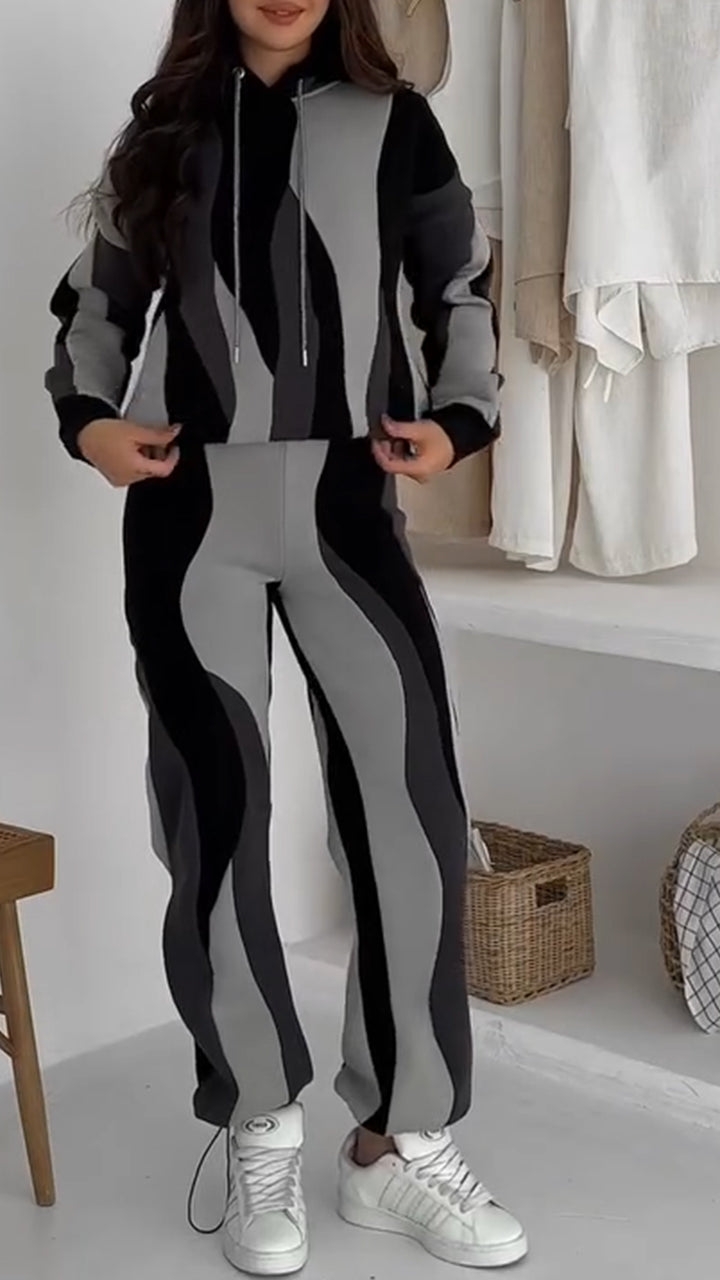 Hooded Drawstring Wave Pattern Sweatshirt + Pants Set