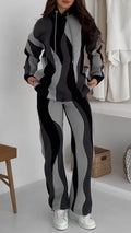 Hooded Drawstring Wave Pattern Sweatshirt + Pants Set