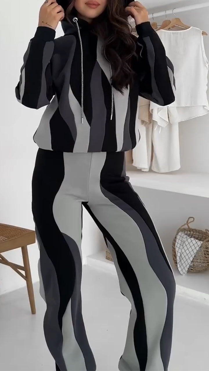 Hooded Drawstring Wave Pattern Sweatshirt + Pants Set