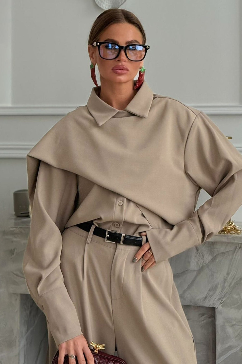Lapel Scarf Top & Wide Leg Pants Two Piece Set