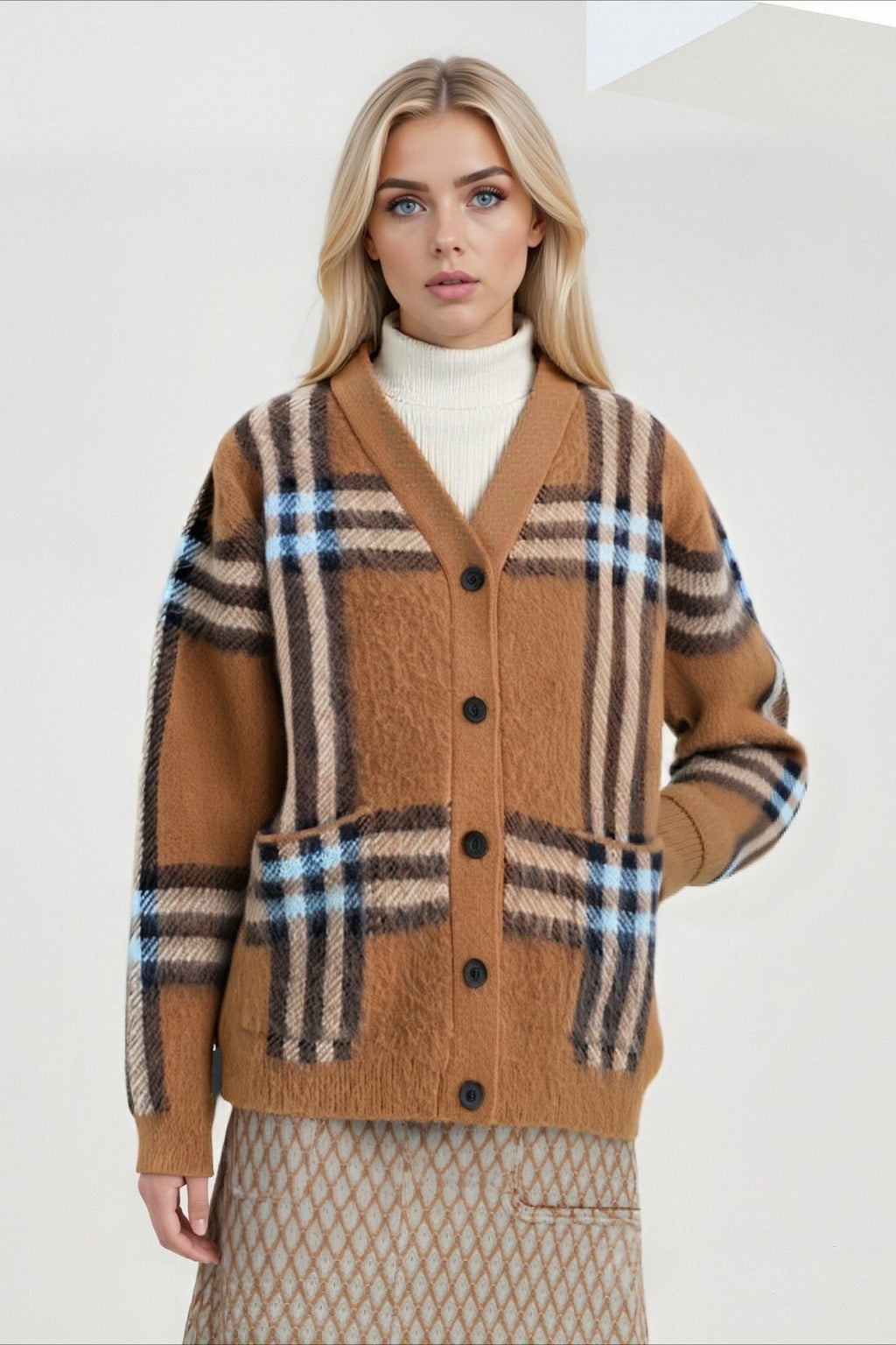 Plaid Retro Loose V Neck Knit Cardigan