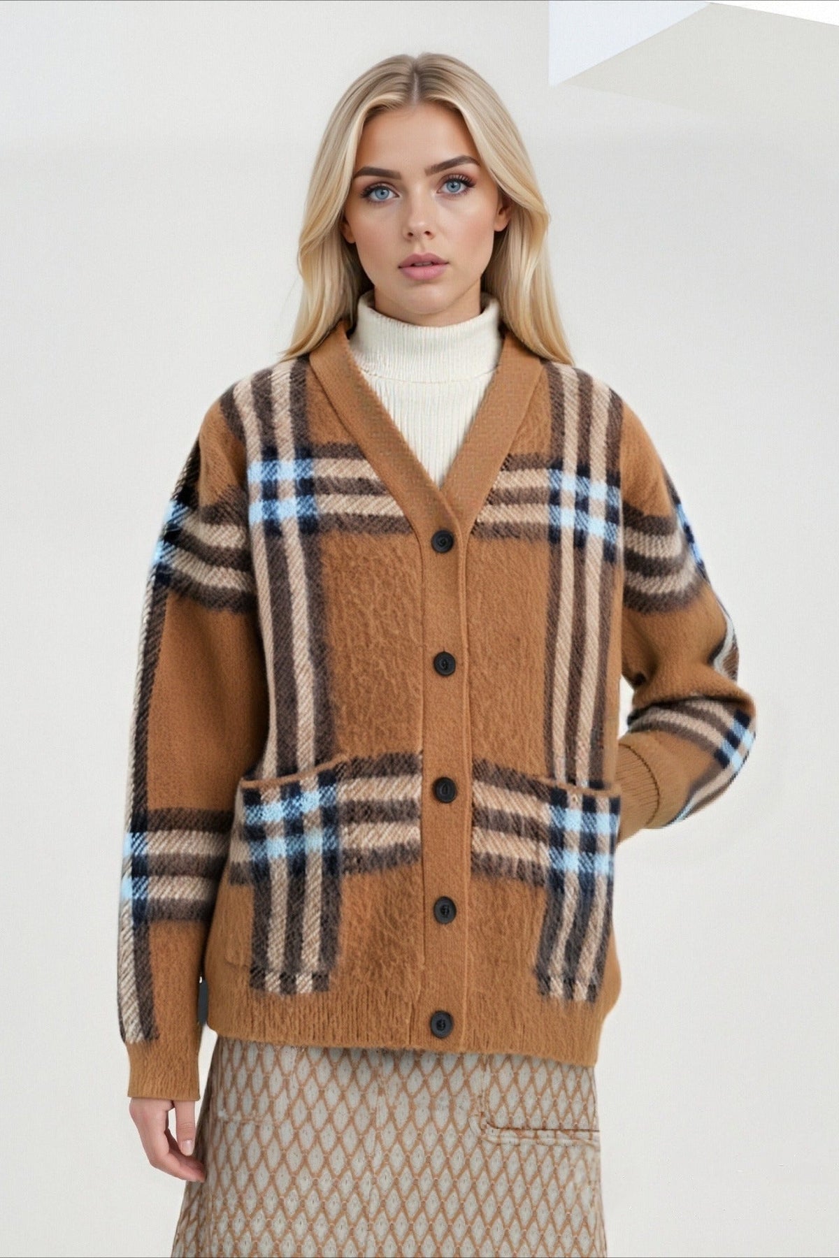 Plaid Retro Loose V Neck Knit Cardigan