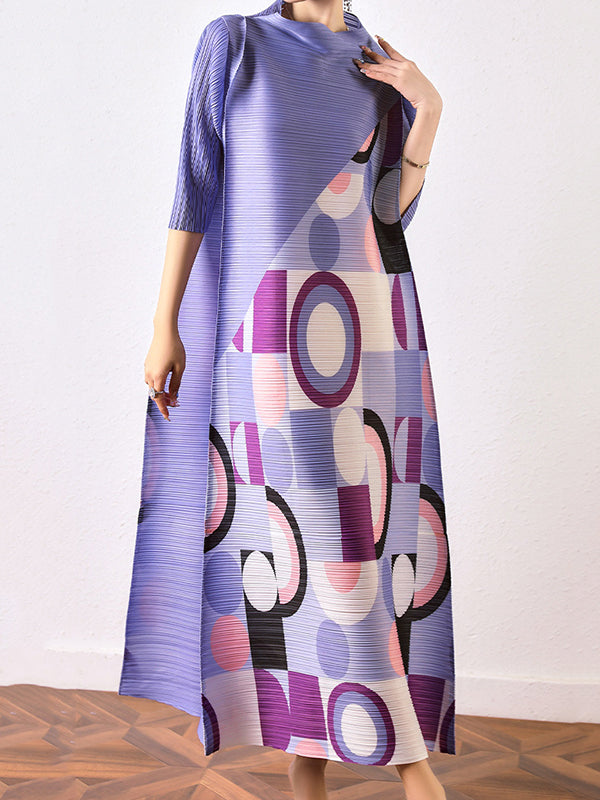 Loose Geometric Printed Pleated Midi Dress