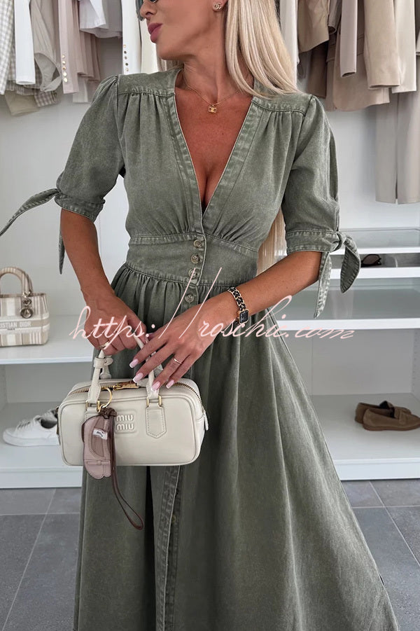 Color V-neck Button-down Denim Midi Dress