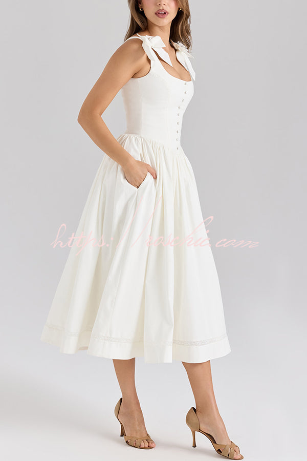Real Darling Square Neck Bows Straps Button Up Pocketed Midi Dress