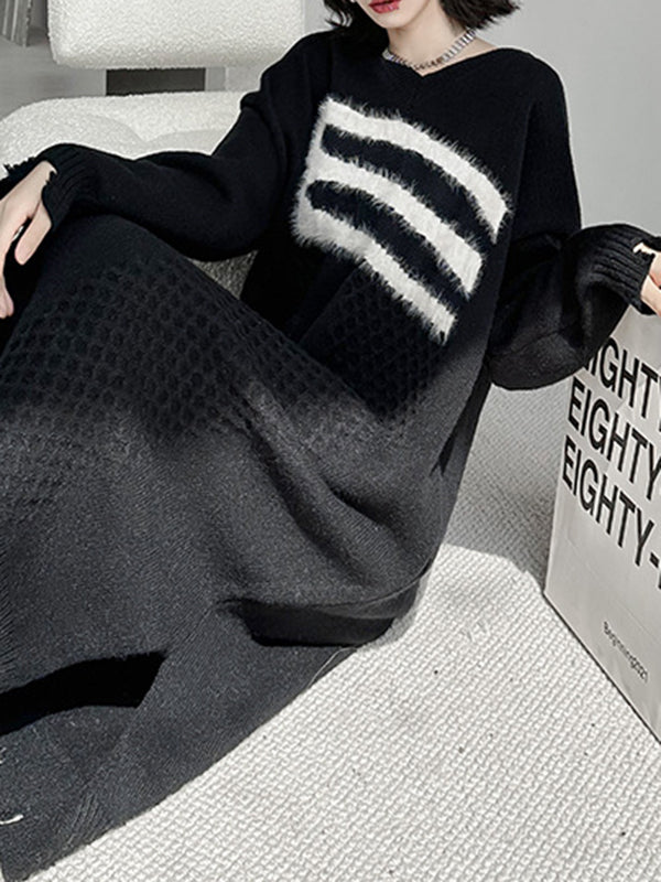 Long Sleeves Loose Split-joint Split-side V-neck Midi Dresses Sweater Dresses