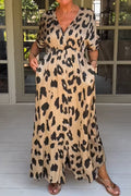 Leopard Print Loose V-neck Short-sleeved Pocket Midi Dress