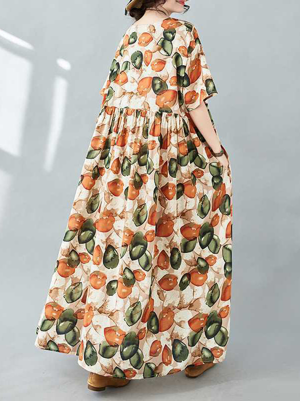 Half Sleeves Loose Pleated Printed Split-joint Round-neck Midi Dresses