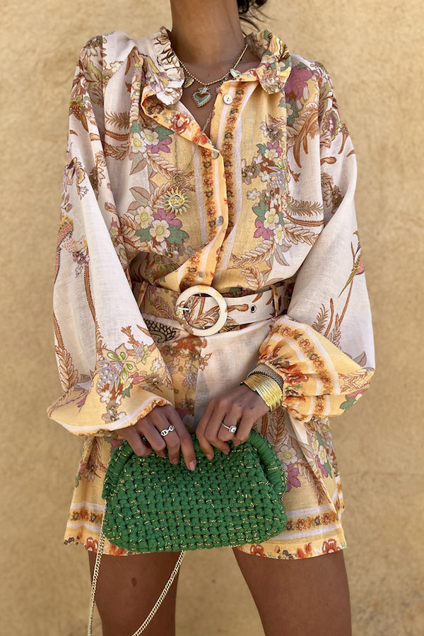 Botanical Print Palace Style Stand-up Collar Lantern Sleeve Loose Top and Shorts Set