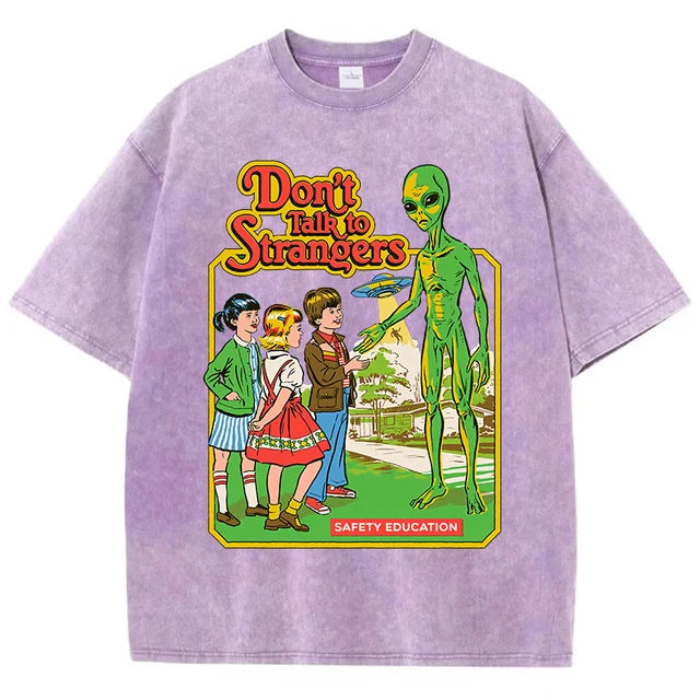 Cartoon Alien Classic Communication Print T-shirt Breathable Cotton Short Sleeve Washed Worn Out Female T Shirts
