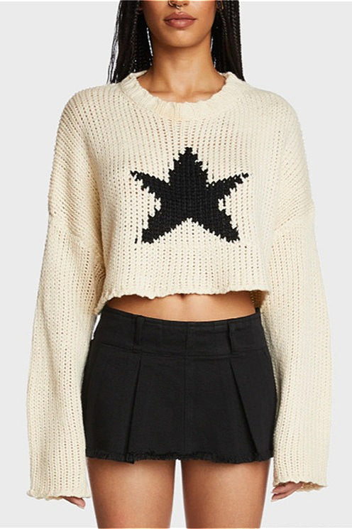 Five-point Star Crop Crew Neck Knit Sweater