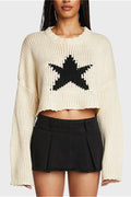 Five-point Star Crop Crew Neck Knit Sweater