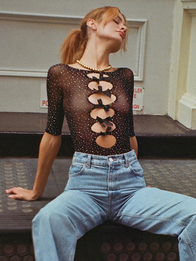 High-elastic Knitted See-through Bow Cutout Jumpsuit