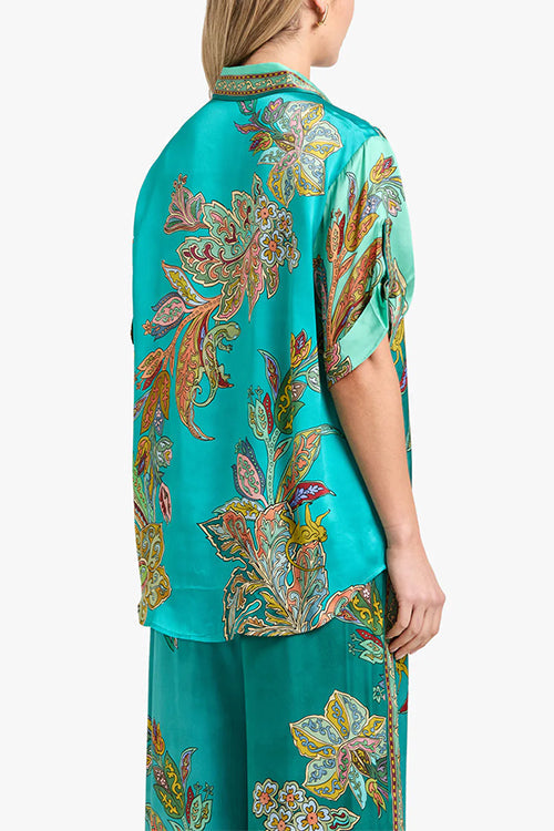 Roll Up Short Sleeves Shirt and Wide Leg Pants Printed Satin Set