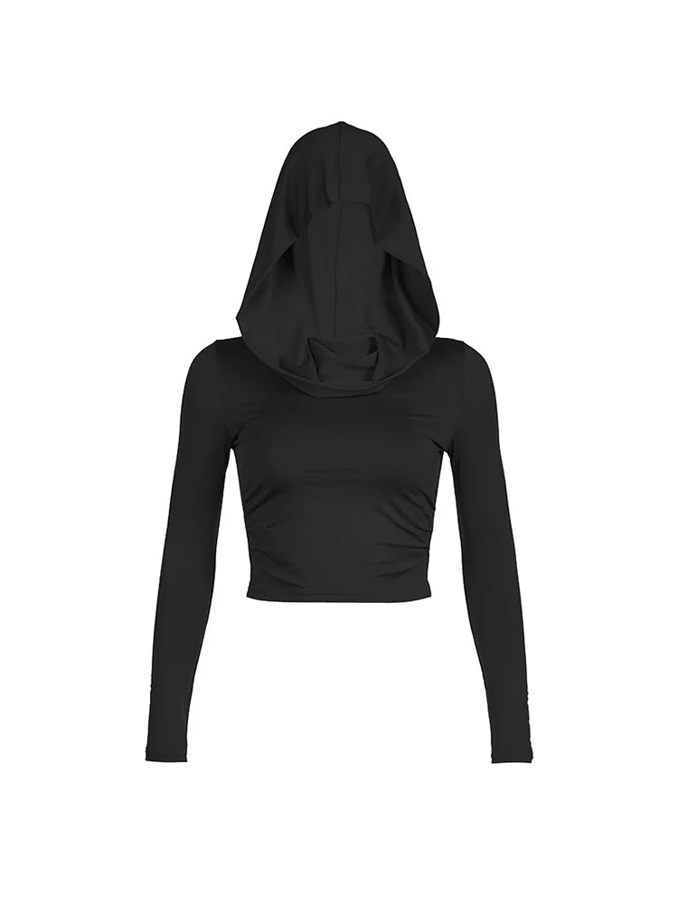 ’s Hooded Crop Tops Autumn Color Long Sleeve Cowl Neck Slim Fit Short T-shirt Sporty Basics Tees