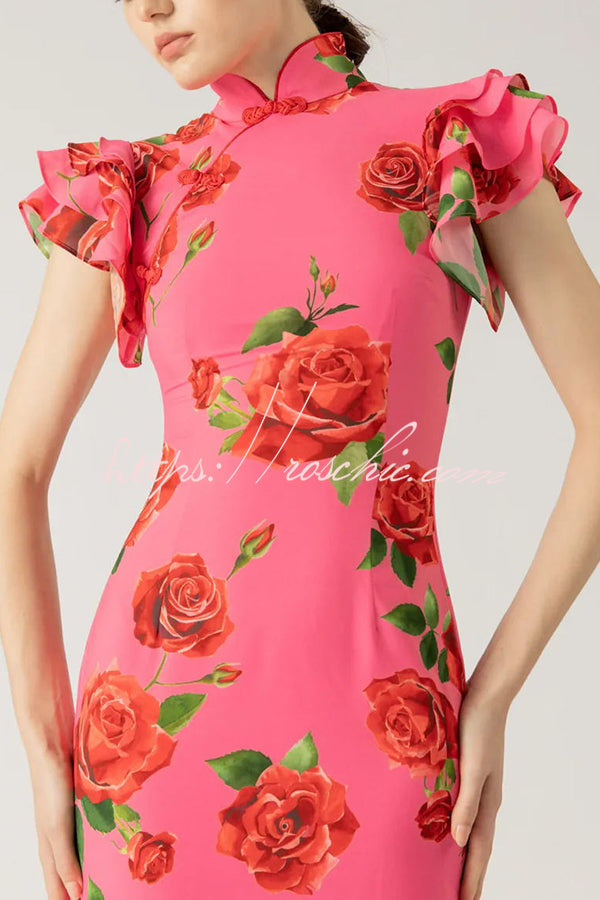 Cheongsam Style Rose Print Tiered Flare Sleeve Stretch Maxi Dress