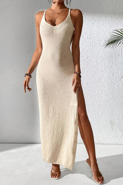 Hollow Out Sheer Split Cami Knit Sweater Dress