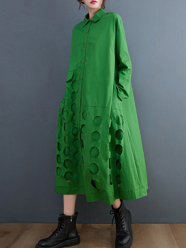 A-line Long Sleeves Asymmetric Hollow Polka-dot Color Lapel Midi Dresses