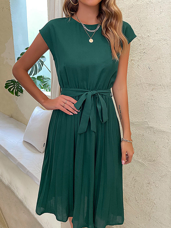 A-line Loose Pleated Color Tied Waist Round-neck Midi Dresses