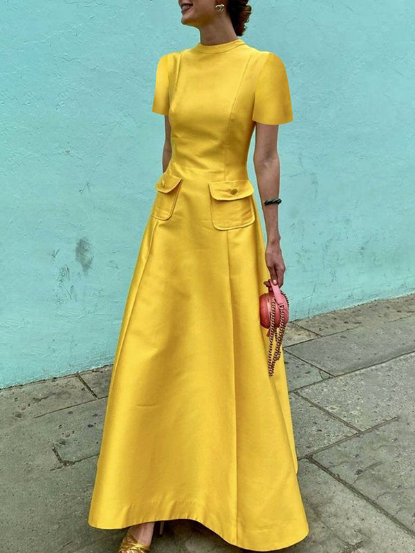 Short Sleeves Pockets Color Split-joint Round-neck Maxi Dresses