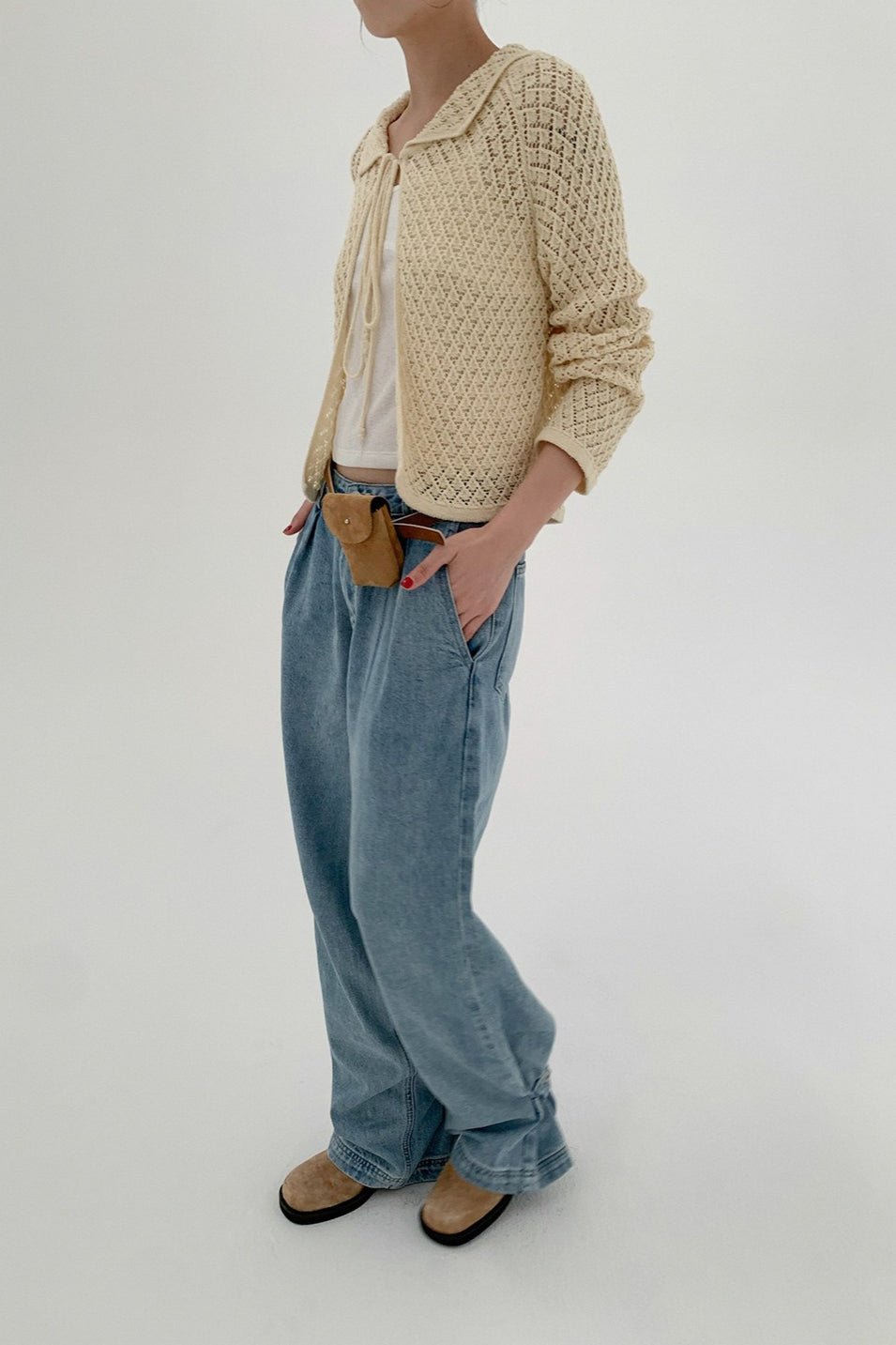 Hollow-out Collared Tie-waist Long-sleeve Short Knit Cardigan