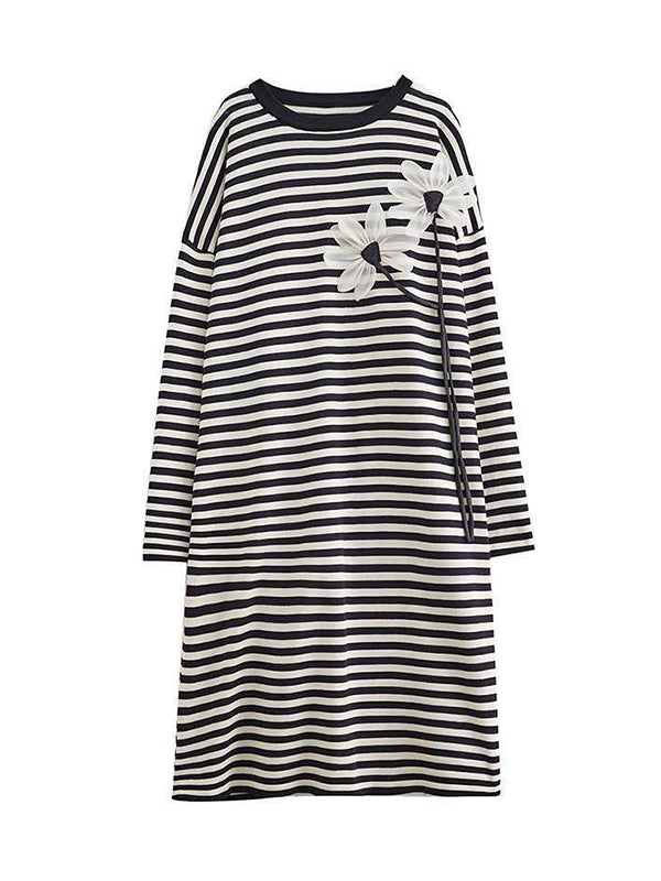A-line Long Sleeves Contrast Color Flower Print Keep Warm Striped Round-neck Midi Dresses