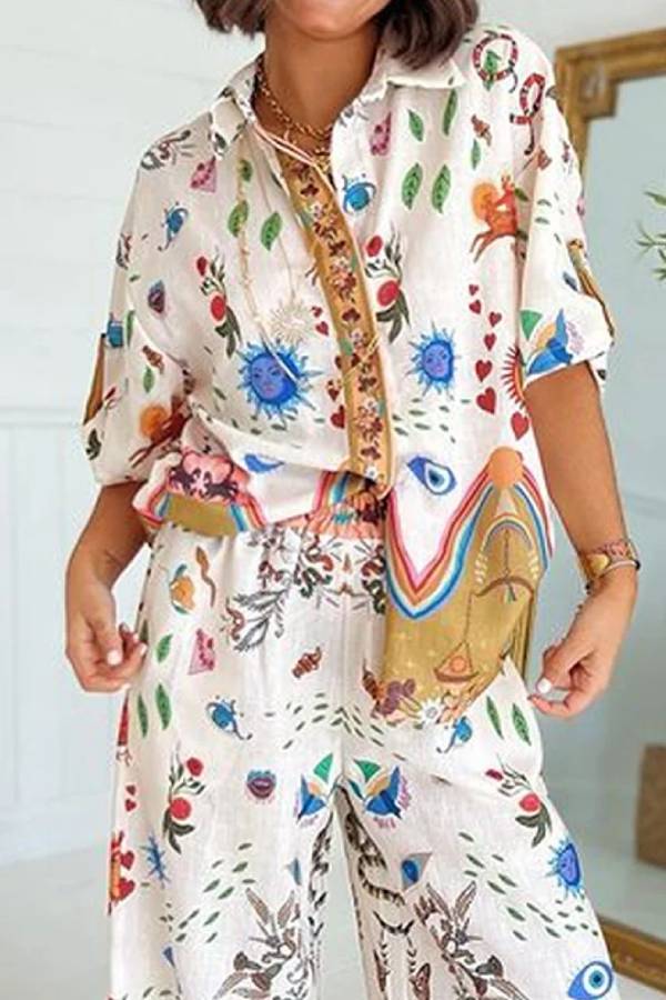 Printed Short Sleeve Shirt & Pants Two-piece Set