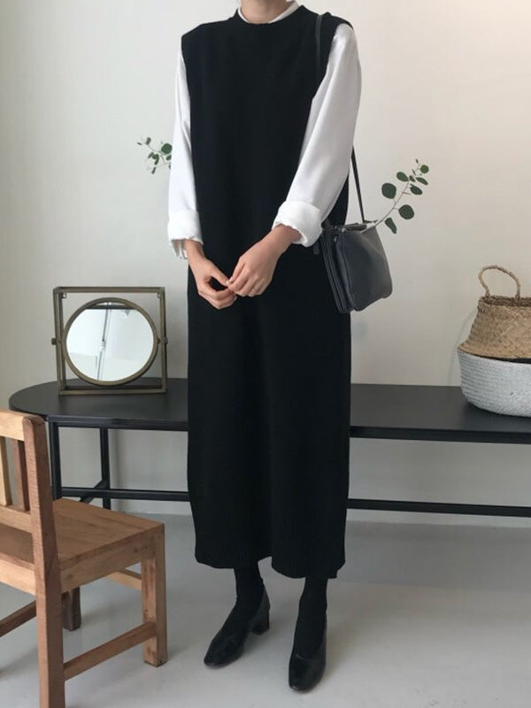 Urban Loose Sleeveless Color Round-neck Midi Dresses Sweater Dresses