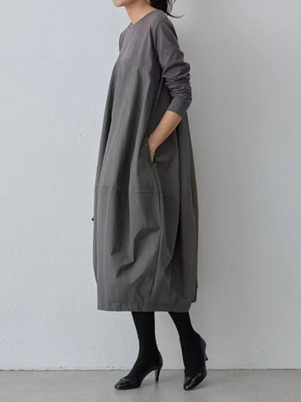 Long Sleeves Loose Split-joint Round-neck Midi Dresses