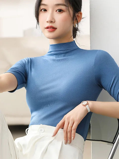 Half Turtleneck Milk Silk Tops Short Sleeve Slim T-shirt Color Basic Trend Bottoming Shirt High Street Blouse