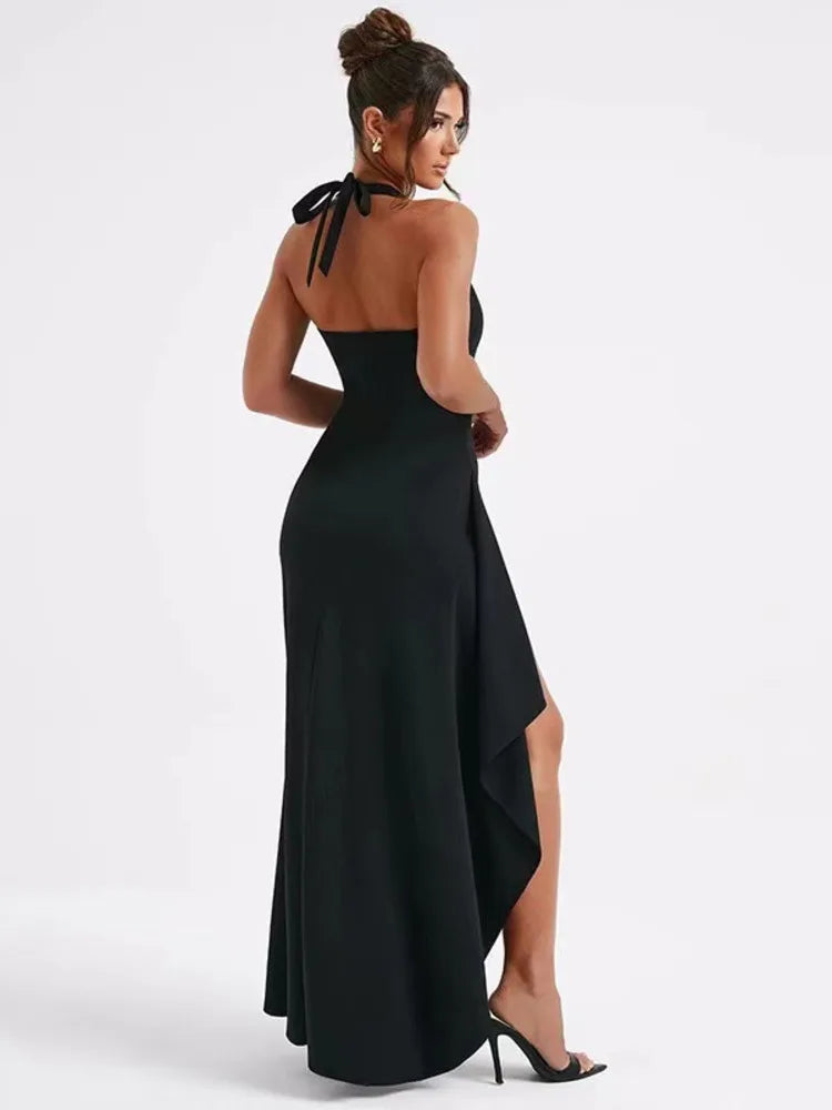 Sleeveless Bodycon High Slit Party Evening Dress Autumn New Hanging Neck V-neck Backless Long Dress Vestido
