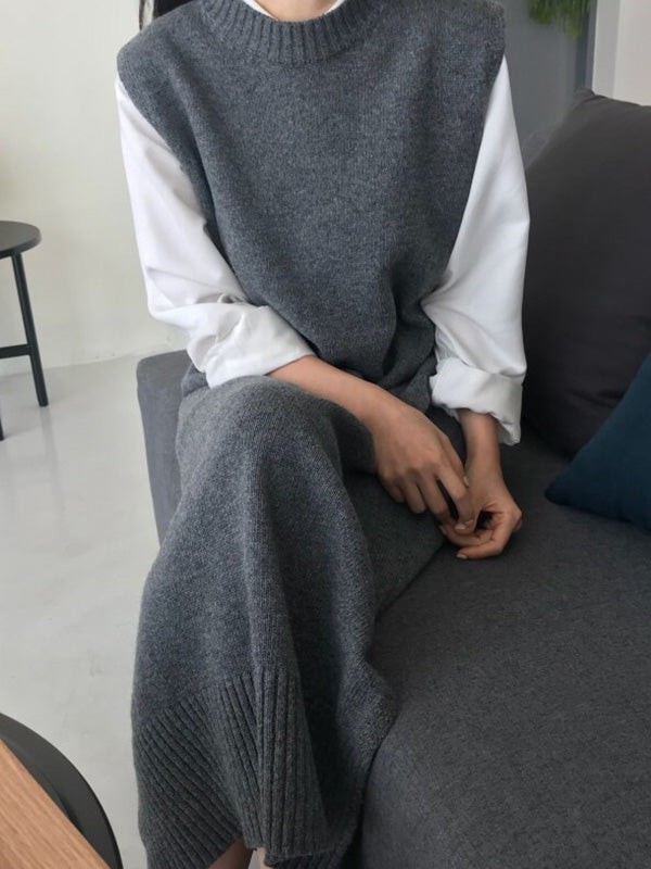 Urban Loose Sleeveless Color Round-neck Midi Dresses Sweater Dresses