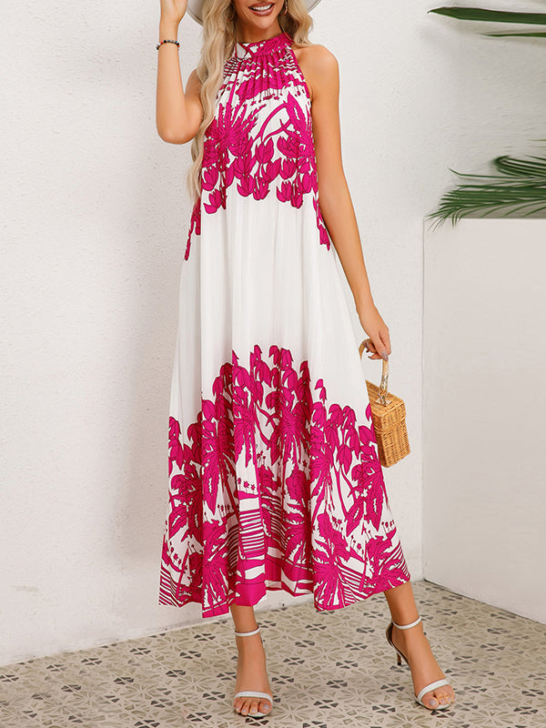 A-line Loose Hollow Pleated Printed Tied Mock Neck Midi Dresses