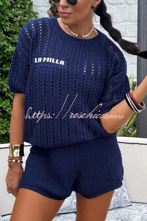 Fashionable Hollow Knit Short-sleeved Top and Elastic High-waist Shorts Set